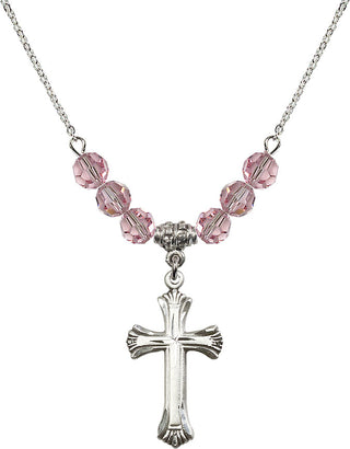 18" Rhodium Plated Necklace with 4mm Light Rose Crystal Beads featuring a Sterling Silver Cross Medal. Engraved Catholic Saint Jewelry