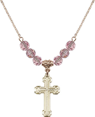 18" Hamilton Gold Plated Necklace with 4mm Light Rose Crystal Beads featuring a 14kt Gold Filled Cross Medal.