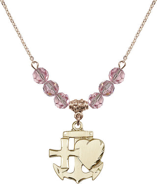 18" Hamilton Gold Plated Necklace with 4mm Light Rose Crystal Beads featuring a 14kt Gold Filled Faith, Hope & Charity Medal.