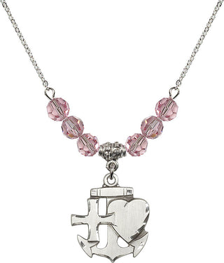 18" Rhodium Plated Necklace with 4mm Light Rose Crystal Beads featuring a Sterling Silver Faith, Hope & Charity Medal.