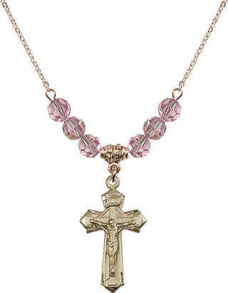 18" Hamilton Gold Plated Necklace with 4mm Light Rose Crystal Beads featuring a 14kt Gold Filled Crucifix Medal.