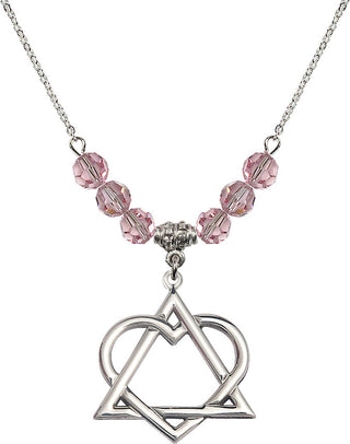 18" Rhodium Plated Necklace with 4mm Light Rose Crystal Beads featuring a Sterling Silver Adoption Heart Medal.
