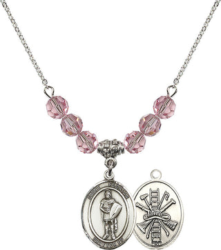 18" Rhodium Plated Necklace with 4mm Light Rose Crystal Beads featuring a Sterling Silver Saint Florian/Firefighter Medal.