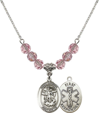 18" Rhodium Plated Necklace with 4mm Light Rose Crystal Beads featuring a Sterling Silver Saint Michael/1St Responder Medal.