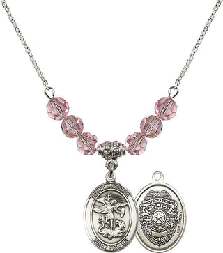 18" Rhodium Plated Necklace with 4mm Light Rose Crystal Beads featuring a Sterling Silver Saint Michael the Archangel Medal.
