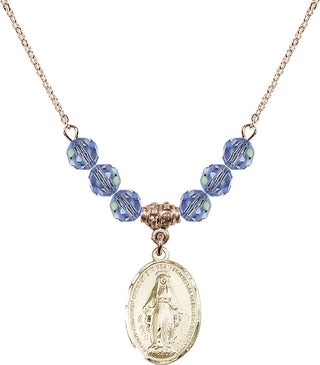 18" Hamilton Gold Plated Necklace with 4mm Light Sapphire Crystal Beads featuring a 14kt Gold Filled Miraculous Medal.