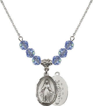 18" Rhodium Plated Necklace with 4mm Light Sapphire Crystal Beads featuring a Sterling Silver Miraculous Medal.