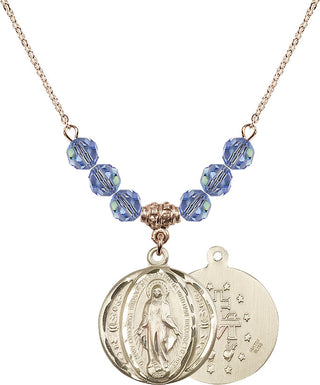 18" Hamilton Gold Plated Necklace with 4mm Light Sapphire Crystal Beads featuring a 14kt Gold Filled Miraculous Medal.