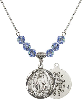18" Rhodium Plated Necklace with 4mm Light Sapphire Crystal Beads featuring a Sterling Silver Miraculous Medal.