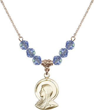 18" Hamilton Gold Plated Necklace with 4mm Light Sapphire Crystal Beads featuring a 14kt Gold Filled Madonna Medal.