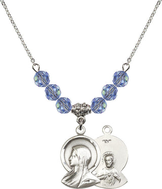 18" Rhodium Plated Necklace with 4mm Light Sapphire Crystal Beads featuring a Sterling Silver Madonna Medal.