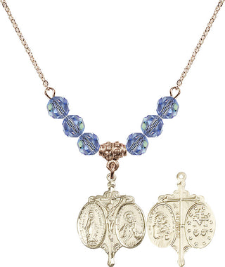 18" Hamilton Gold Plated Necklace with 4mm Light Sapphire Crystal Beads featuring a 14kt Gold Filled Novena Medal.
