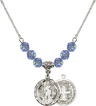 18" Rhodium Plated Necklace with 4mm Light Sapphire Crystal Beads featuring a Sterling Silver Saint Benedict Medal.