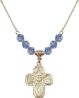 18" Hamilton Gold Plated Necklace with 4mm Light Sapphire Crystal Beads featuring a 14kt Gold Filled 5-Way Medal.