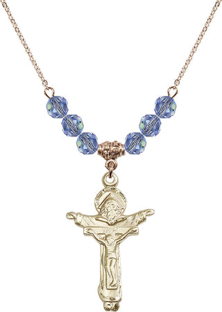 18" Hamilton Gold Plated Necklace with 4mm Light Sapphire Crystal Beads featuring a 14kt Gold Filled Trinity Crucifix Medal.