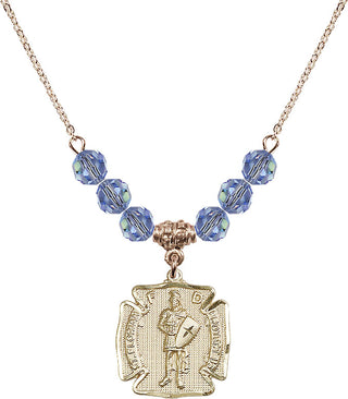 18" Hamilton Gold Plated Necklace with 4mm Light Sapphire Crystal Beads featuring a 14kt Gold Filled Saint Florian Medal. Engraved Catholic Saint Jewelry