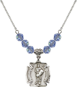18" Rhodium Plated Necklace with 4mm Light Sapphire Crystal Beads featuring a Sterling Silver Saint Florian Medal. Engraved Catholic Saint Jewelry