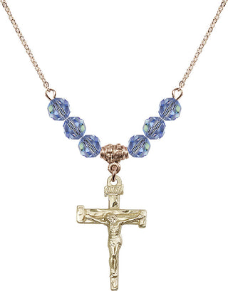 18" Hamilton Gold Plated Necklace with 4mm Light Sapphire Crystal Beads featuring a 14kt Gold Filled Nail Crucifix Medal.