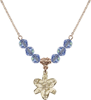 18" Hamilton Gold Plated Necklace with 4mm Light Sapphire Crystal Beads featuring a 14kt Gold Filled Chastity Medal.