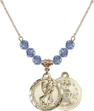 18" Hamilton Gold Plated Necklace with 4mm Light Sapphire Crystal Beads featuring a 14kt Gold Filled Saint Christopher / Air Force Medal.