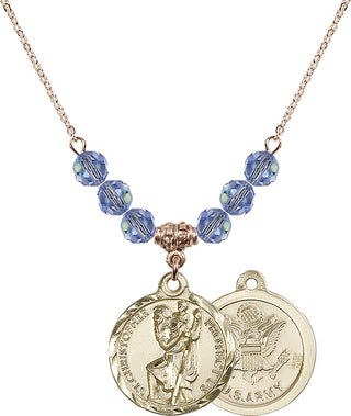 18" Hamilton Gold Plated Necklace with 4mm Light Sapphire Crystal Beads featuring a 14kt Gold Filled Saint Christopher / Army Medal.