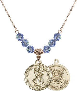 18" Hamilton Gold Plated Necklace with 4mm Light Sapphire Crystal Beads featuring a 14kt Gold Filled Saint Christopher / Coast Guard Medal.