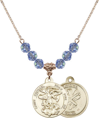 18" Hamilton Gold Plated Necklace with 4mm Light Sapphire Crystal Beads featuring a 14kt Gold Filled Saint Michael / Nat'l Guard Medal.