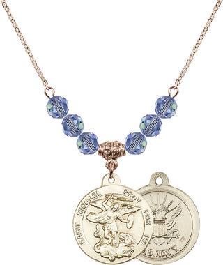 18" Hamilton Gold Plated Necklace with 4mm Light Sapphire Crystal Beads featuring a 14kt Gold Filled Saint Michael / Navy Medal.