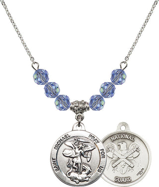 18" Rhodium Plated Necklace with 4mm Light Sapphire Crystal Beads featuring a Sterling Silver Saint Michael / Nat'l Guard Medal.