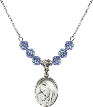 18" Rhodium Plated Necklace with 4mm Light Sapphire Crystal Beads featuring a Sterling Silver Madonna & Child Medal.