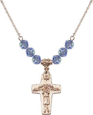 18" Hamilton Gold Plated Necklace with 4mm Light Sapphire Crystal Beads featuring a 14kt Gold Filled Papal Crucifix Medal.