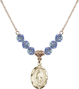 18" Hamilton Gold Plated Necklace with 4mm Light Sapphire Crystal Beads featuring a 14kt Gold Filled Miraculous Medal.