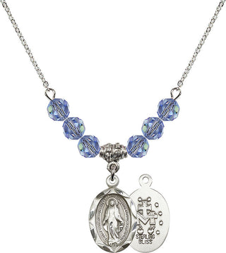 18" Rhodium Plated Necklace with 4mm Light Sapphire Crystal Beads featuring a Sterling Silver Miraculous Medal.