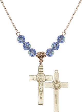 18" Hamilton Gold Plated Necklace with 4mm Light Sapphire Crystal Beads featuring a 14kt Gold Filled Saint Benedict Crucifix Medal.