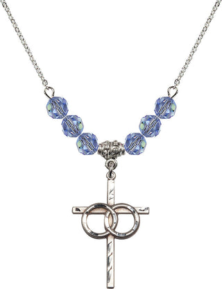 18" Rhodium Plated Necklace with 4mm Light Sapphire Crystal Beads featuring a Sterling Silver Wedding Rings Cross Medal.