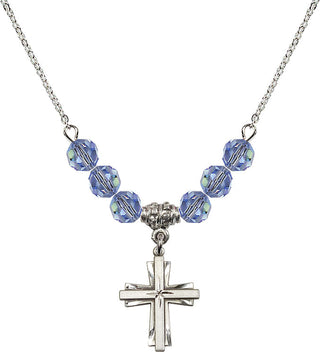 18" Rhodium Plated Necklace with 4mm Light Sapphire Crystal Beads featuring a Sterling Silver Cross Medal.