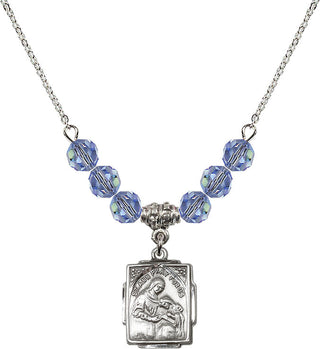 18" Rhodium Plated Necklace with 4mm Light Sapphire Crystal Beads featuring a Sterling Silver Saint Ann Medal. Engraved Catholic Saint Jewelry