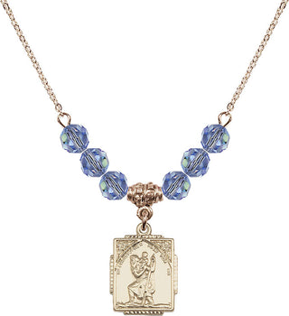 18" Hamilton Gold Plated Necklace with 4mm Light Sapphire Crystal Beads featuring a 14kt Gold Filled Saint Christopher Medal. Engraved Catholic Saint Jewelry