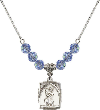 18" Rhodium Plated Necklace with 4mm Light Sapphire Crystal Beads featuring a Sterling Silver Saint Christopher Medal. Engraved Catholic Saint Jewelry