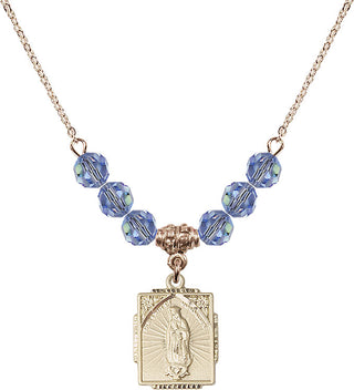 18" Hamilton Gold Plated Necklace with 4mm Light Sapphire Crystal Beads featuring a 14kt Gold Filled Our Lady of Guadalupe Medal. Engraved Catholic Saint Jewelry