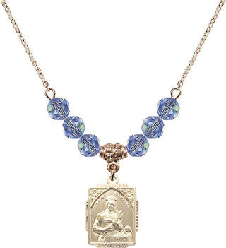 18" Hamilton Gold Plated Necklace with 4mm Light Sapphire Crystal Beads featuring a 14kt Gold Filled Saint Gerard Medal. Engraved Catholic Saint Jewelry