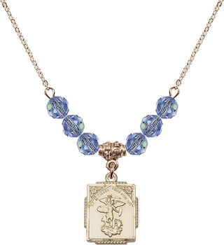18" Hamilton Gold Plated Necklace with 4mm Light Sapphire Crystal Beads featuring a 14kt Gold Filled Saint Michael the Archangel Medal. Engraved Catholic Saint Jewelry