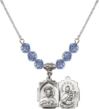 18" Rhodium Plated Necklace with 4mm Light Sapphire Crystal Beads featuring a Sterling Silver Scapular Medal.