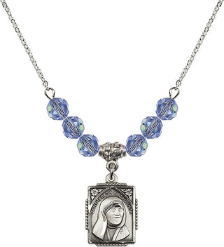 18" Rhodium Plated Necklace with 4mm Light Sapphire Crystal Beads featuring a Sterling Silver Saint Teresa of Calcutta Medal. Engraved Catholic Saint Jewelry