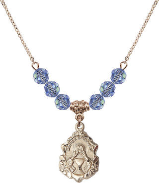18" Hamilton Gold Plated Necklace with 4mm Light Sapphire Crystal Beads featuring a 14kt Gold Filled Mother of a Priest Medal. Engraved Catholic Saint Jewelry