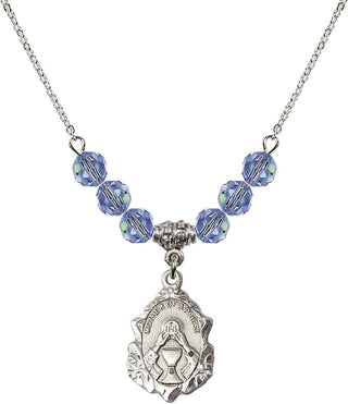 18" Rhodium Plated Necklace with 4mm Light Sapphire Crystal Beads featuring a Sterling Silver Mother of a Priest Medal. Engraved Catholic Saint Jewelry