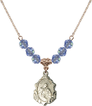 18" Hamilton Gold Plated Necklace with 4mm Light Sapphire Crystal Beads featuring a 14kt Gold Filled Saint Ann Medal. Engraved Catholic Saint Jewelry