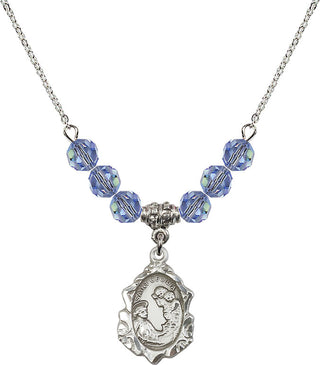 18" Rhodium Plated Necklace with 4mm Light Sapphire Crystal Beads featuring a Sterling Silver Saint Cecilia Medal. Engraved Catholic Saint Jewelry