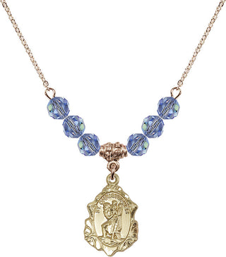 18" Hamilton Gold Plated Necklace with 4mm Light Sapphire Crystal Beads featuring a 14kt Gold Filled Saint Christopher Medal. Engraved Catholic Saint Jewelry