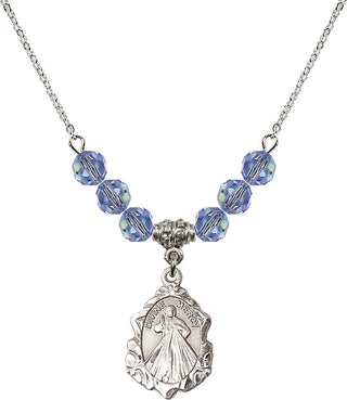 18" Rhodium Plated Necklace with 4mm Light Sapphire Crystal Beads featuring a Sterling Silver Divine Mercy Medal. Engraved Catholic Saint Jewelry
